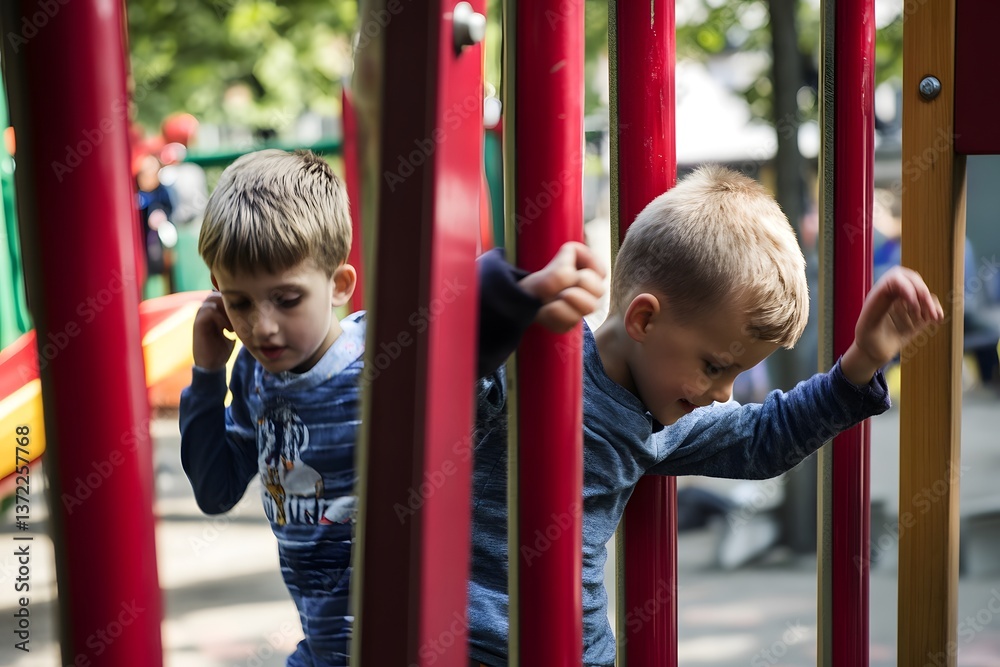Children play together on a climbing frame in an outdoor playground Children play together on a climbing frame in an outdoor playground