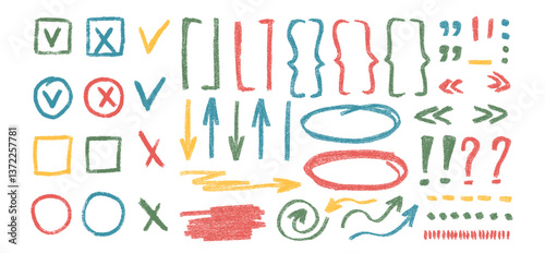 Check marks, arrow doodle set. Crayon underlines, quotation marks, brackets and signs. Scribble pencil emphasis note highlights. Vector hand drawn collection illustration isolated on white background.