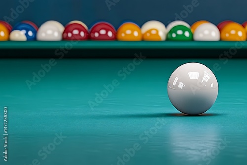 A high-speed motion shot of a break, the cue ball striking and scattering the racked balls