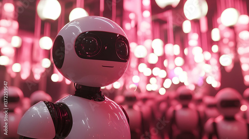 A futuristic robot stands with others in a neon pink environment