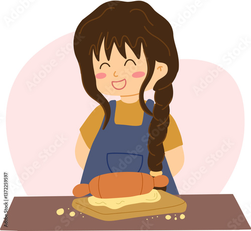 Girl happily preparing dough on a wooden board using a rolling pin. Smiling girl in an apron with a braid, engaging in baking activity with visible flour and crumbs. Minimal, cartoon-style