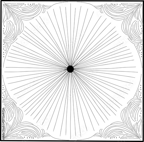  Elegant starburst corner flourishes frame with intricate details, perfect for invitations, cards, and decorative designs. Stylish ornamental border for vintage and modern projects.
