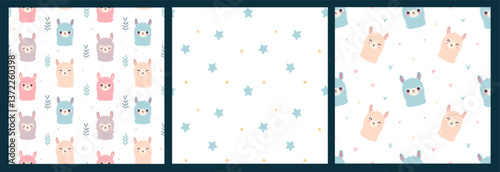 Set of seamless patterns Colored Llamas on a white background, stars and hearts. Design for childrens room, wallpaper, textile and typography. Pastel colors print for baby shower, baby products