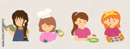 Four girls engaged in various baking activities, each holding or interacting with kitchen tools and ingredients. One girl reads a cookbook, another pours oil from a bottle, a third mixes ingredients