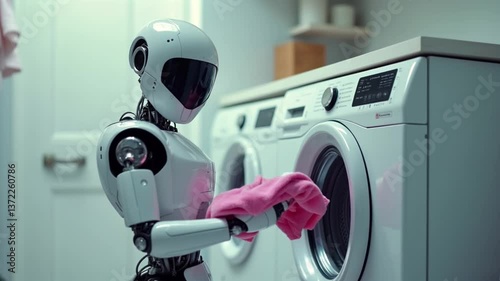 Humanoid robot using washing machine in home laundry room.