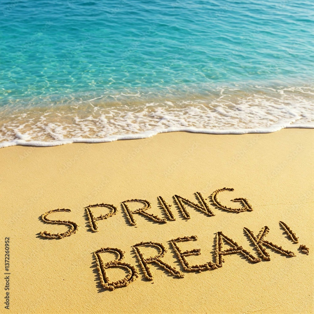 Fototapeta premium Spring Break Message Written in Sand on Tropical Beach