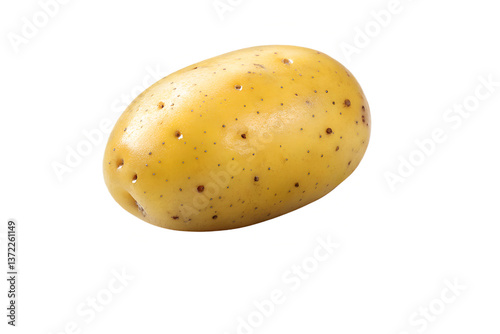 Single raw yellow potato with small dark spots and smooth skin, isolated on a white background, culinary use or agricultural design.
