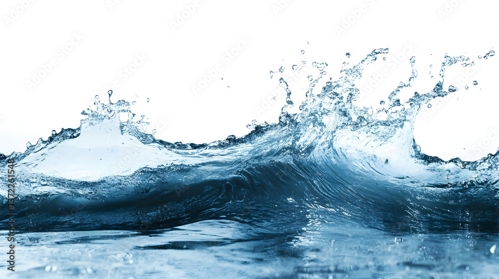 A splash of water with many small droplets. The water is blue and the droplets are scattered throughout the image