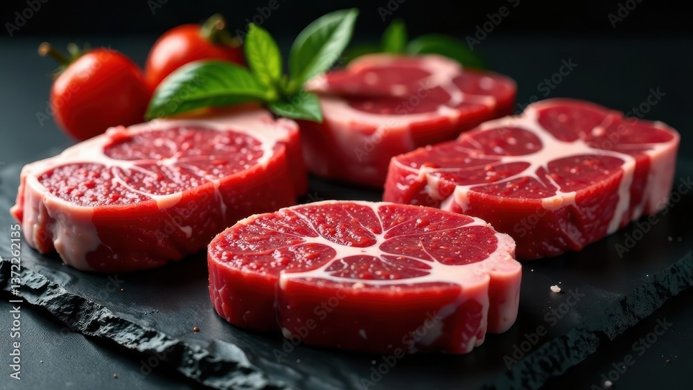 Close-up view of succulent, raw beef steaks, marbled with fat, arranged on a dark slate surface, garnished with fresh herbs and cherry tomatoes. Close-up view of succulent, raw beef steaks, marbled with fat, arranged on a dark slate surface, garnished with fresh herbs and cherry tomatoes.