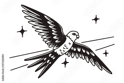 Black eagle silhouette vector, wings outstretched, flying wild
