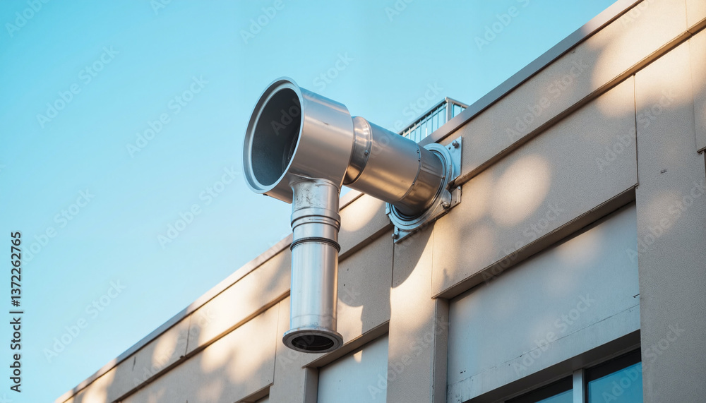 Industrial air vent system installed on building under blue sky, efficiency Industrial air vent system installed on building under blue sky, efficiency