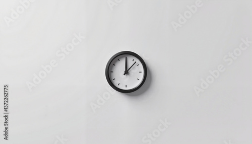 Minimalist black clock showing time on white wall, modern design