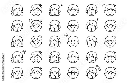 子供の表情顔アイコンベクターイラスト 喜怒哀楽 感情