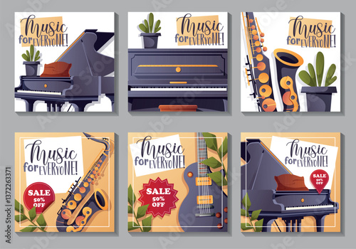 Photography Vector illustrations of piano, trumpet, guitar, and saxophone