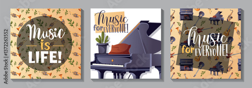 Three square vector illustrations with seamless musical patterns and text like Music is Life and Music for Everyone. Ideal for post design.
