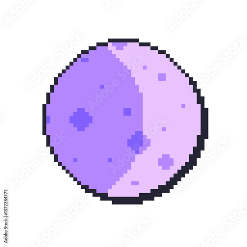 Purple Moon with Crescent Light on the Side, Pixel Art Icon, Isolated