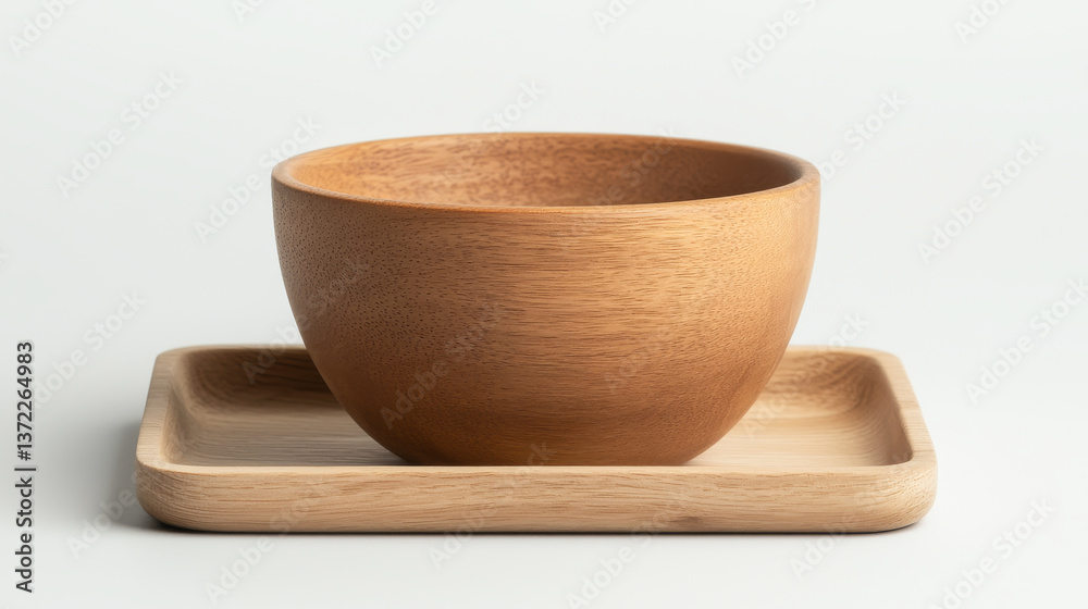 A beautifully crafted wooden bowl resting on an elegant wooden tray. A beautifully crafted wooden bowl resting on an elegant wooden tray.