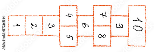 Cartoon hopscotch game with chalk squares, active child playing outside on schoolyard or playground, fun outdoor activity for kids. Flat vector illustration isolated on white background.