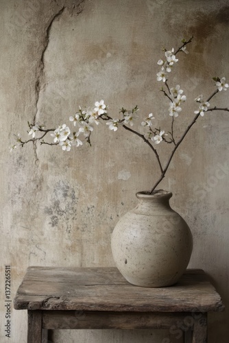 Rustic Vase with Spring Blossoms on Weathered Wooden Table.