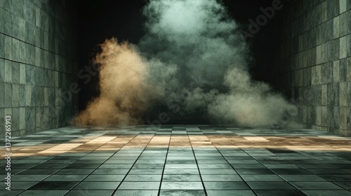 Shadowy black and gray cement surface with fog rolling in from the sides.