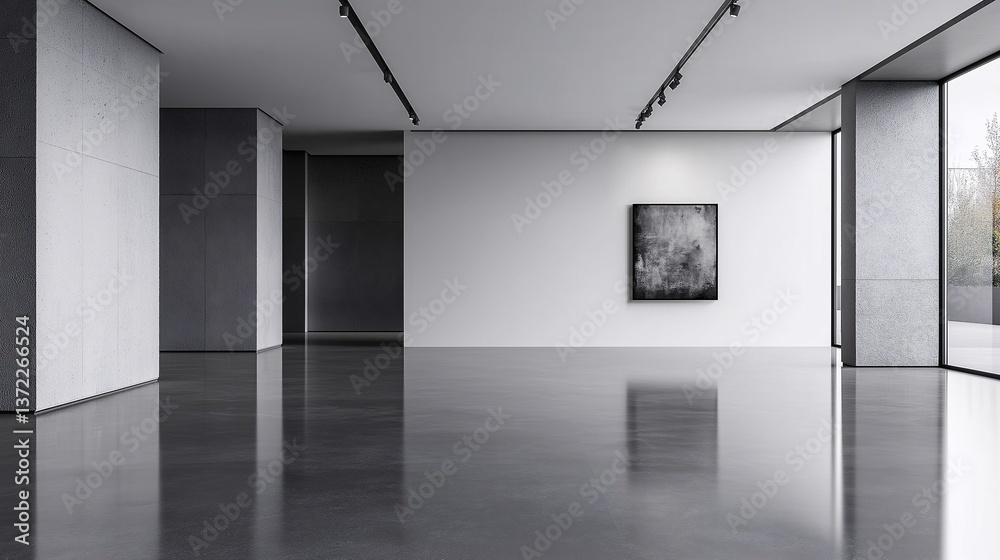 Fototapeta premium Minimalist gallery with artwork illuminated by spotlights.