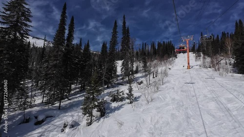 Cable car at the ski resort in Sheregesh. Active winter recreation in nature.