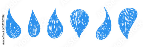 Blue water splash and liquid puddle with raindrop shapes. Fluid drip elements and paint wave textures. Flat vector illustration isolated on white background.