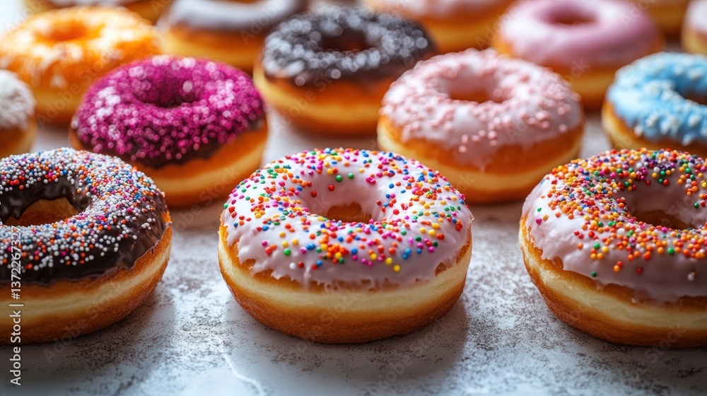 Colorful iced donuts with sprinkles on a table Colorful iced donuts with sprinkles on a table