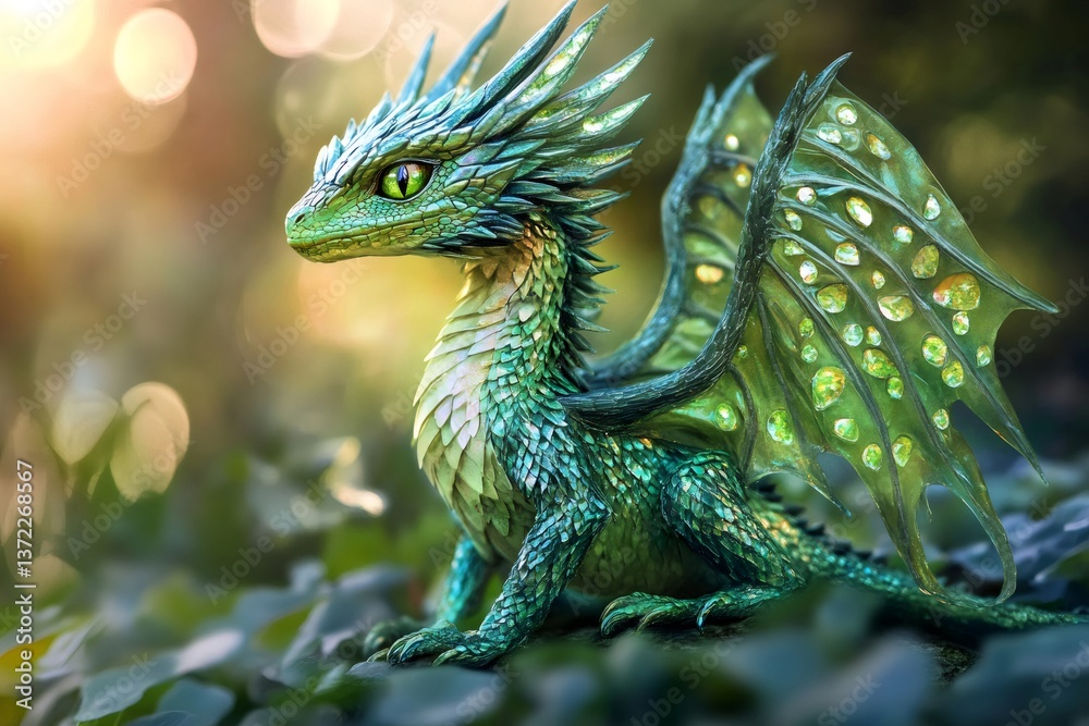 Obraz premium Green dragon with shimmering scales and delicate wings sits peacefully in a magical forest, creating a scene of fantasy and wonder