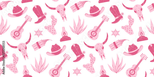 A seamless Western-themed pattern in shades of pink, featuring elements such as cowgirl hats, boots, guitars, cacti, skulls. Perfect for digital designs, textiles with cowboy aesthetic