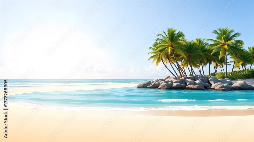 Paradise Beach: A serene tropical beach with crystal-clear turquoise water, golden sand, and lush green palm trees swaying gently in the breeze. The vibrant sky promises endless summer days. Paradise Beach: A serene tropical beach with crystal-clear turquoise water, golden sand, and lush green palm trees swaying gently in the breeze. The vibrant sky promises endless summer days.