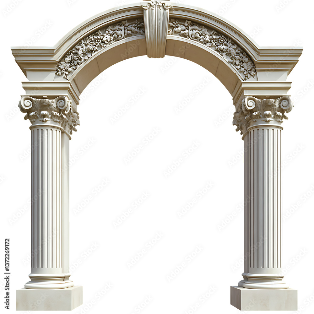 Naklejka premium Ornate White Archway with Columns and Floral Relief on Transparent Background