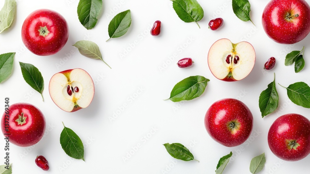 Whole and cut red apples with leaves on white background Whole and cut red apples with leaves on white background