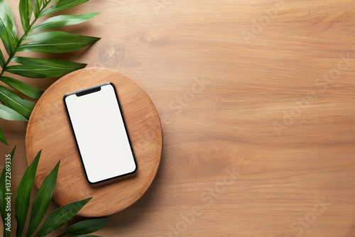 A modern smartphone on a wooden surface, surrounded by green leaves for a fresh look.