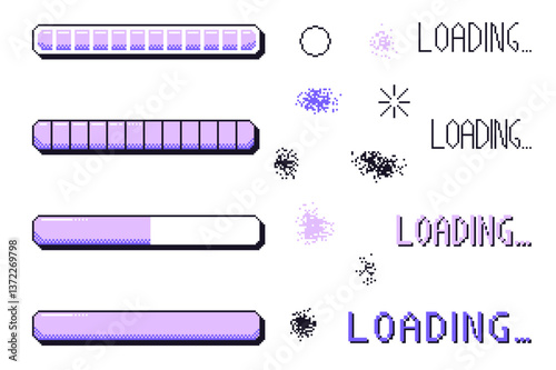 Pixel art loading bar interface. 8 bit game progress button elements set and text. Waiting signs in retro 80s style. Vector illustration isolated on white background.