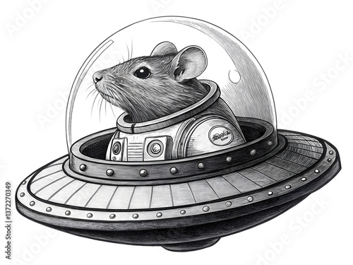 Cosmic Voyager Vintage Style : A charming illustration of a mouse in an astronaut's uniform, piloting a vintage-style flying saucer, inviting viewers on an otherworldly adventure.