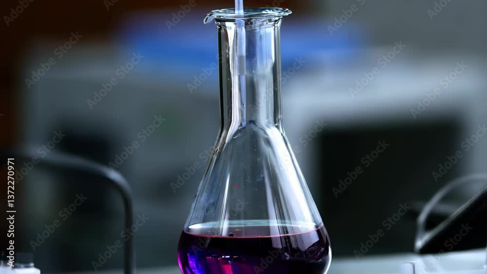 Closeup of laboratory flask with purple liquid being filled by pipette in scientific environment

