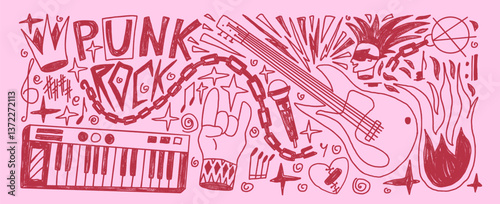 Rock and roll music coquette crayon drawn set. Punk festival doodle background. Scribble grunge music elements. Guitar, electronic piano horns, crown and sketch graffiti art. Vector illustration.