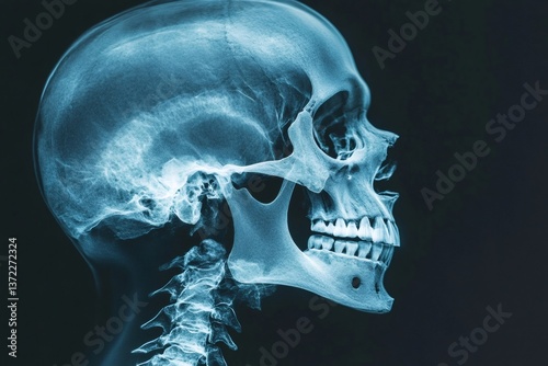 X ray image of a human skull in profile showing teeth and cervical vertebrae, on black background