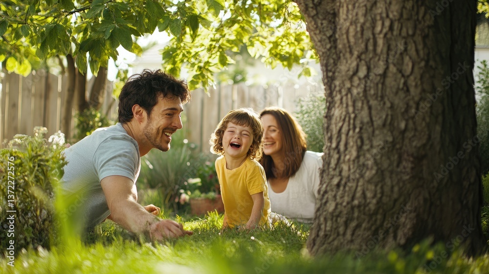 A family playing hide-and-seek in their backyard garden, with the child giggling behind a tree and parents playfully pretending not to see them.