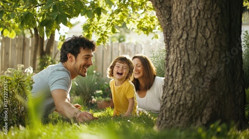 Obraz na płótnie A family playing hide-and-seek in their backyard garden, with the child giggling behind a tree and parents playfully pretending not to see them. w salonie