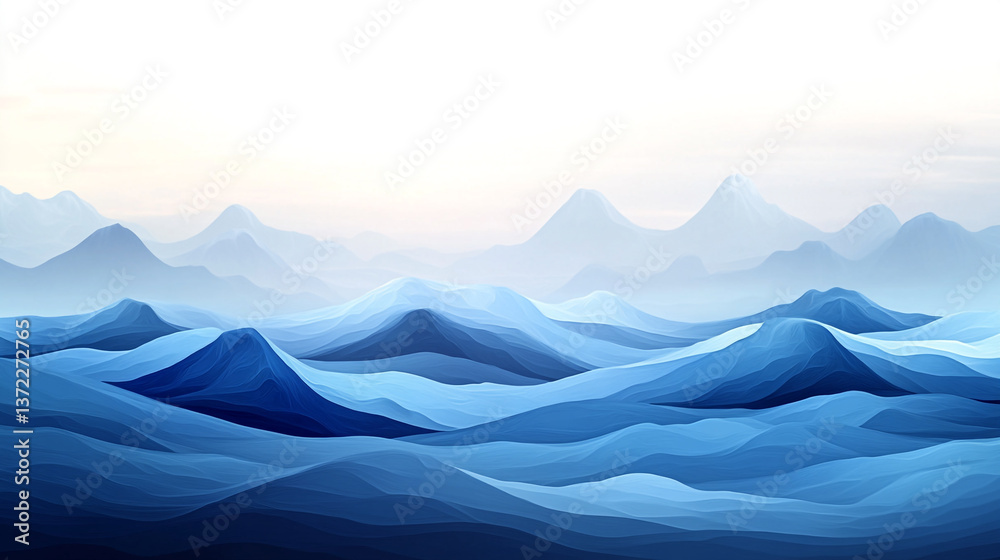 Abstract landscape featuring layered blue hills and mountains with a soft white sky background. Abstract landscape featuring layered blue hills and mountains with a soft white sky background.