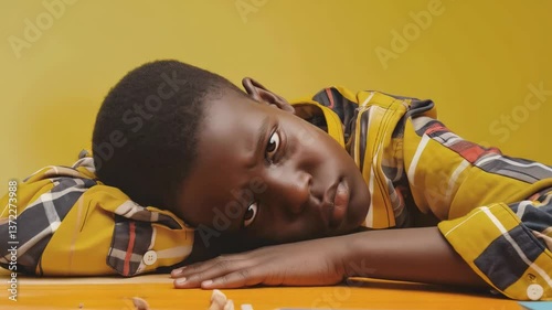 Young African student wearing yellow and black shirt sitting at desk, looking disengaged with serious expression while resting head on school surface