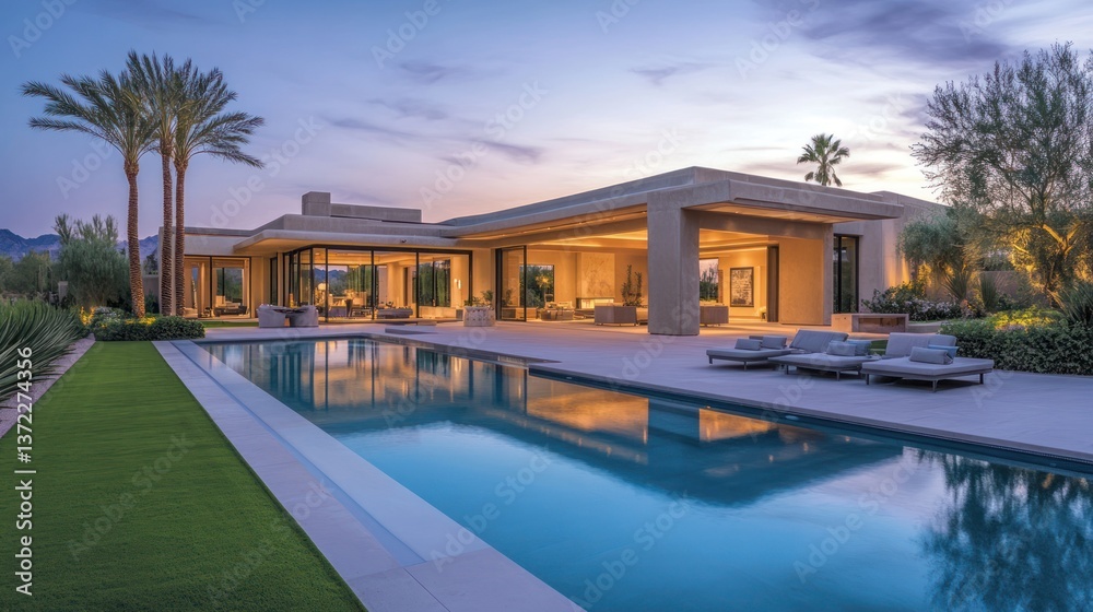 Modern Pool House at Dusk Modern Pool House at Dusk