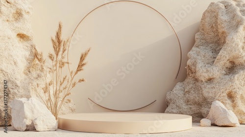 Beige product display podium, rocks, dried grass