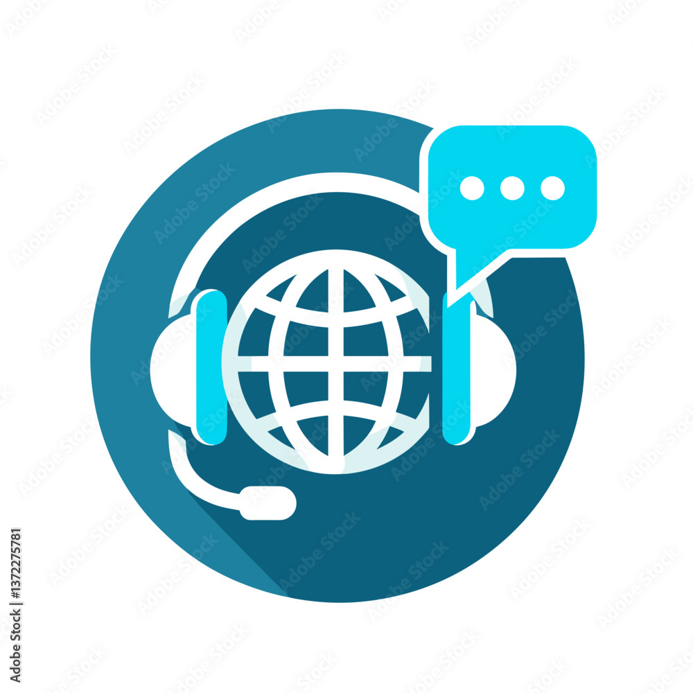 Headphones with globe and speech bubble, blue vector icon, transparent background Headphones with globe and speech bubble, blue vector icon, transparent background