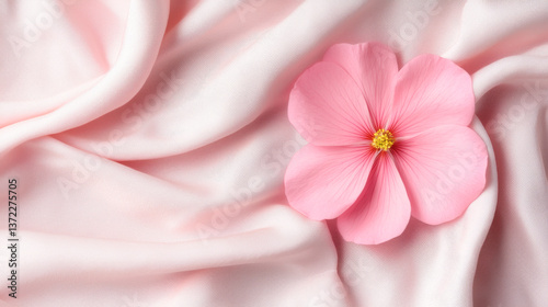 Delicate pink flower resting on soft satin fabric, creating a serene and elegant ambiance.