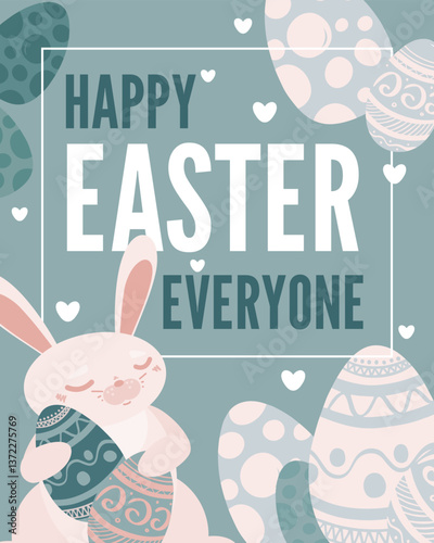 Happy Easter vector banner template. Cute bunny holding big eggs. Pastel blue holiday poster design. Many simple elements signs set. Flat cartoon style card. Funny festive layout. Social media post