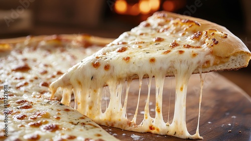 Hot slice of cheese pizza with stringy melted mozzarella in a warm cozy atmosphere
