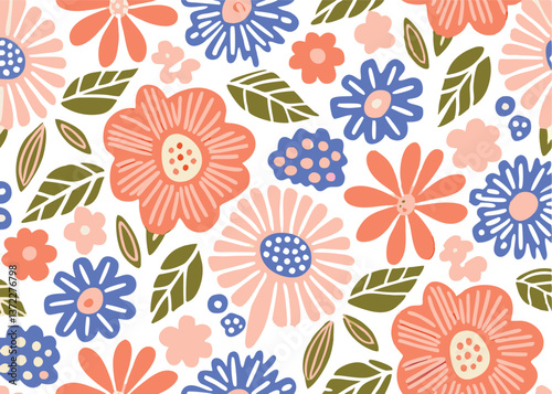 Seamless Abstract flower art  pattern, doodle, fabric, fashion textile , hand-drawn feathers in earthy tones for bohemian skirts, shawls, and maxi dresses.